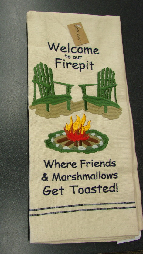 PD Dish Towel Embroidered Firepit Marshmallows Toasted Dishtowel, Moose-R-Us.Com Log Cabin Decor