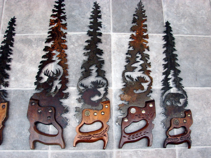 Handcrafted Rustic Antique Hand Saw Metal Art Pine Tree Unique Moose