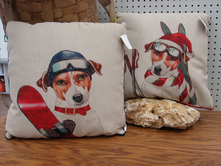 Set 2 Ski Dog Snowboard Dogs Throw Pillow Whimsical Downhill Skiing Decor Moose R Us.Com Log Cabin Decor