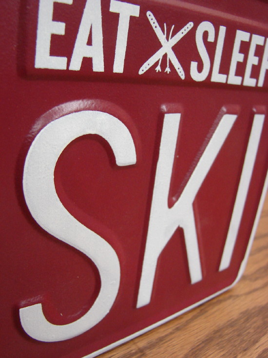 Skiing Snowboard Tin Embossed Sign Eat Sleep Ski, Moose-R-Us.Com Log Cabin Decor