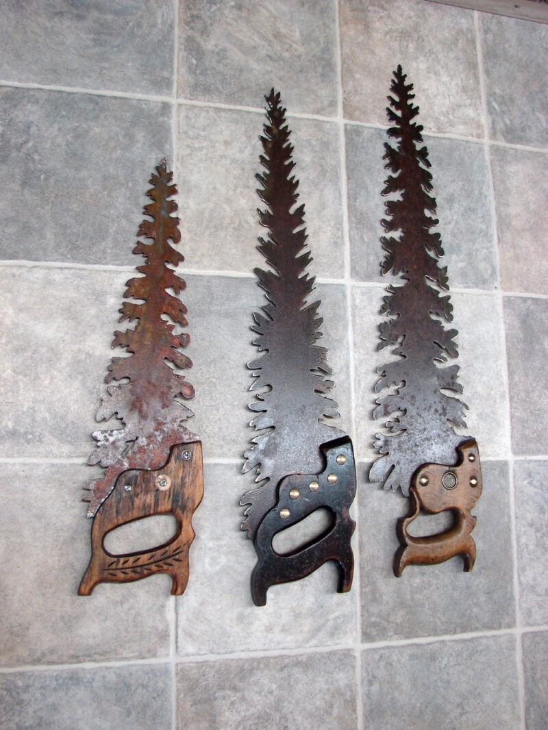 Handcrafted Rustic Antique Hand Saw Metal Art Pine Tree Unique, Moose-R-Us.Com Log Cabin Decor