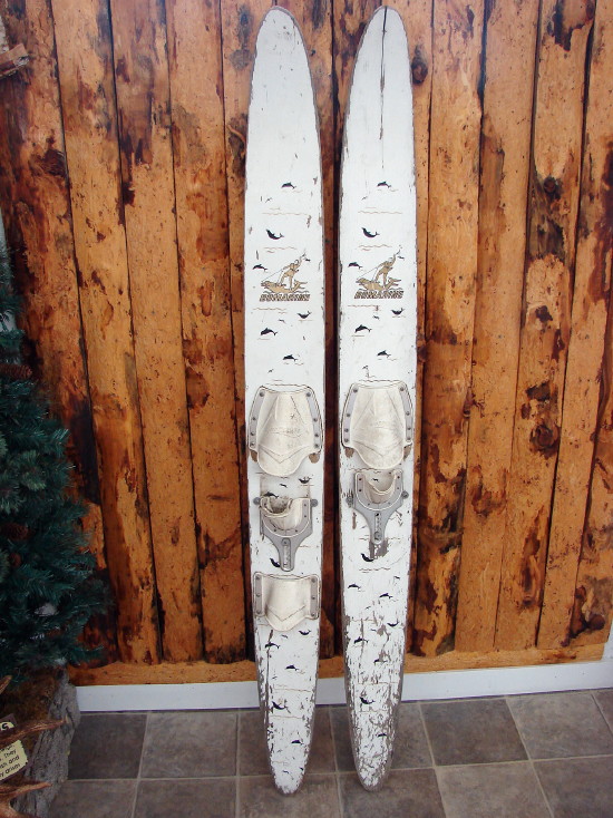 Vintage Bomarine Brand White Painted Dolphin Logo Water Skis Lake Wall Decor, Moose-R-Us.Com Log Cabin Decor