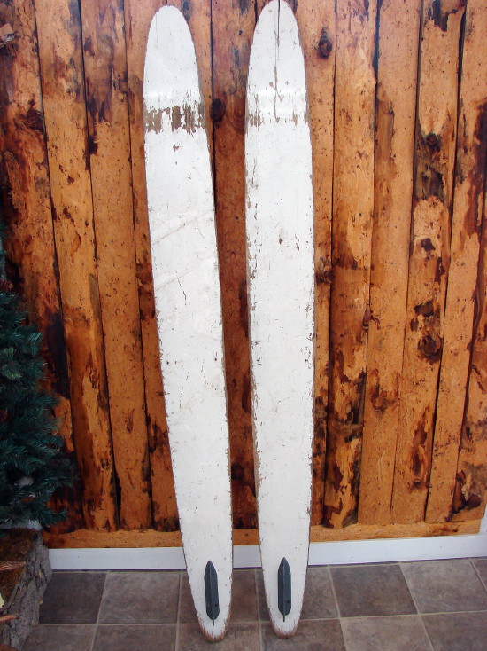 Vintage Bomarine Brand White Painted Dolphin Logo Water Skis Lake Wall Decor, Moose-R-Us.Com Log Cabin Decor