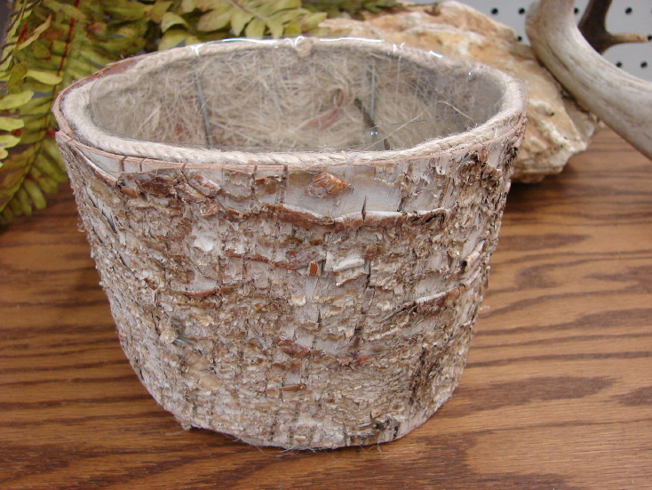 Real Birch Bark Round Flower Pot Lined Rustic Wedding Table, Moose-R-Us.Com Log Cabin Decor