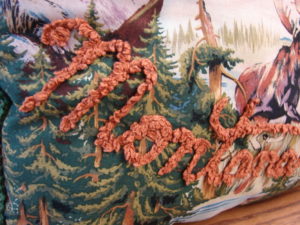 Vintage Souvenir Pillow Montana Hooked Thread Loop Moose Bear Deer