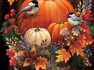Double Sided Decorative Flag Porch Garden Decor Autumn Pumpkin Wood Barrel Chickadees