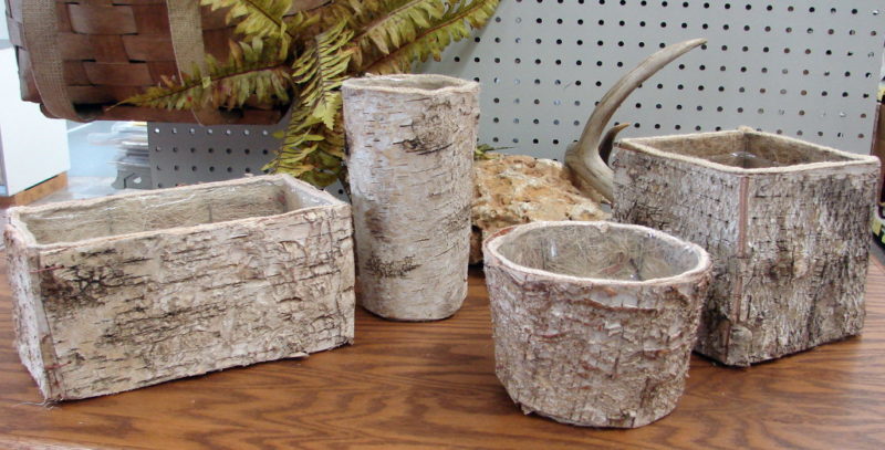 Real Birch Bark Rectangular Flower Pot Lined Rustic Wedding Table, Moose-R-Us.Com Log Cabin Decor