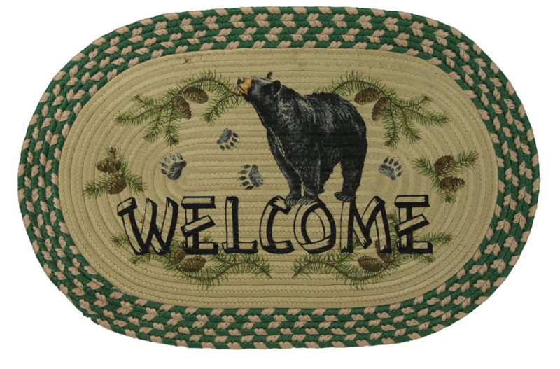 Welcome Black Bear Pine Cone Branch Oval Braided Floor Mat Rug, Moose-R-Us.Com Log Cabin Decor
