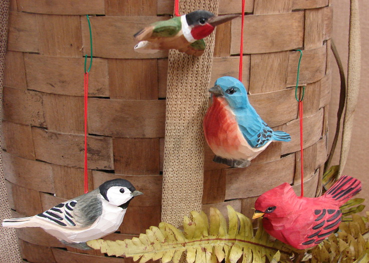 Hand Wood Carved Cardinal Blue Bird Chickadee Hummingbird Ornament, Moose-R-Us.Com Log Cabin Decor