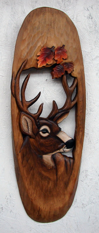 Large Solid Wood Carving Intarsia Carved Wood Deer Buck Head Picture, Moose-R-Us.Com Log Cabin Decor