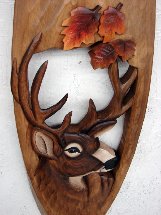 Large Solid Wood Carving Intarsia Carved Wood Deer Buck Head Picture, Moose-R-Us.Com Log Cabin Decor
