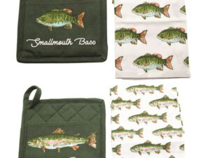 Bass Trout Dish Towel Potholder Set Cabin Themed Linens
