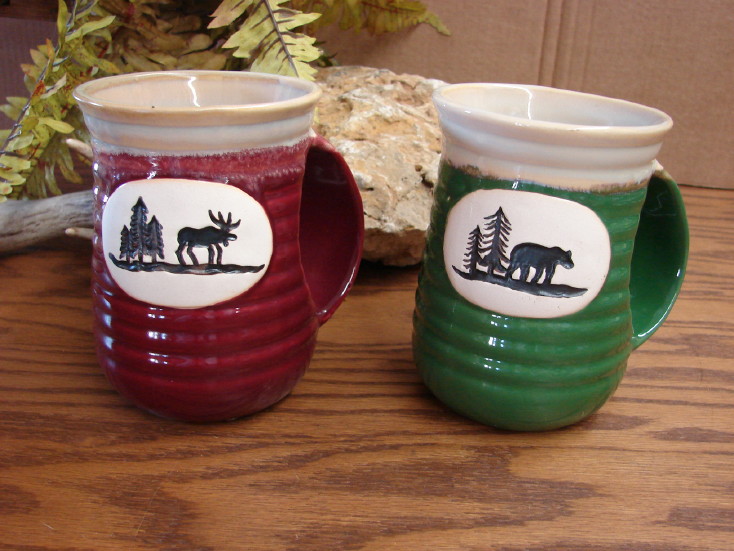 Oversized 18 Oz Mug Cozy Hand Moose Bear Stoneware Sunrise Watching Mugs, Moose-R-Us.Com Log Cabin Decor