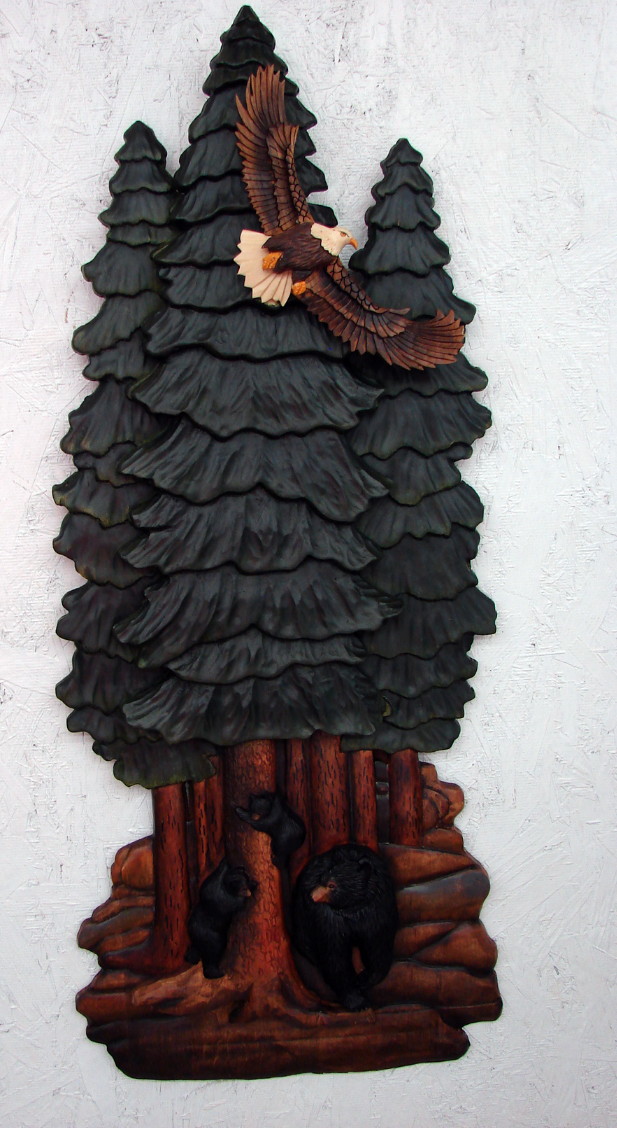Wood Carved Bear Family Forest Eagle Wall Picture Lodge Decor, Moose-R-Us.Com Log Cabin Decor