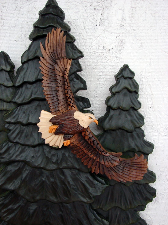 Intarsia Wood Carved Bear Family Forest Eagle Wall Picture Lodge Decor, Moose-R-Us.Com Log Cabin Decor