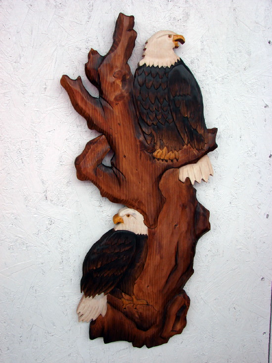 Wood Carved Eagle Pair in Tree Stump Wall Picture Lodge Decor, Moose-R-Us.Com Log Cabin Decor