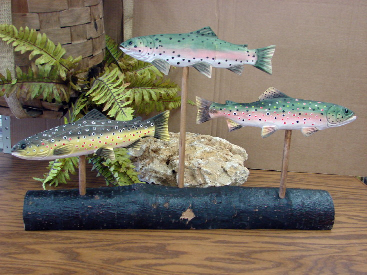 Wood Carved Trout Trio on Log Fireplace Mantel Fishing Cabin Decor -   Log Cabin Decor