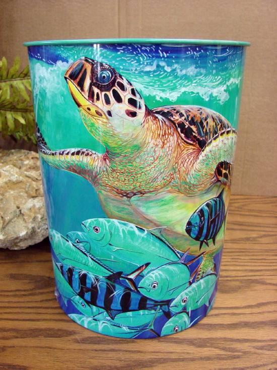 Underwater Ocean Theme Sea Turtle Guy Harvey Tin Waste Basket Trash Can, Moose-R-Us.Com Log Cabin Decor
