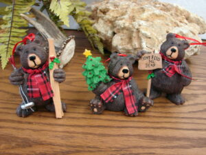 Brown Bear Ornament Set/3 Red Plaid Scarves Skier Tree Sign