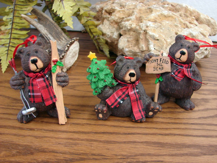 Brown Bear Ornament Set/3 Red Plaid Scarves Skier Tree Sign, Moose-R-Us.Com Log Cabin Decor
