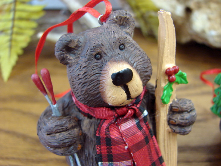Brown Bear Ornament Set/3 Red Plaid Scarves Skier Tree Sign, Moose-R-Us.Com Log Cabin Decor