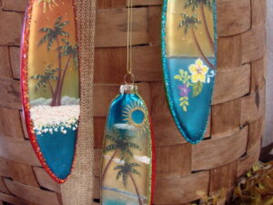 Surfboard Ornament Blown Glass Hand Painted Tropical Scene Set/3