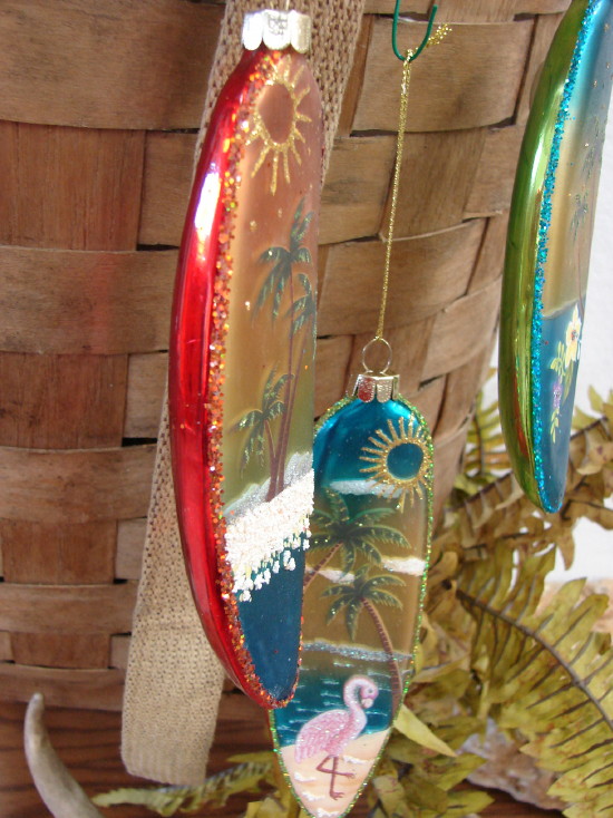 Surfboard Ornament Blown Glass Hand Painted Tropical Scene Set/3, Moose-R-Us.Com Log Cabin Decor