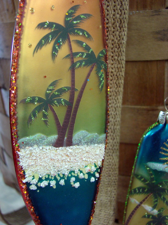 Surfboard Ornament Blown Glass Hand Painted Tropical Scene Set/3, Moose-R-Us.Com Log Cabin Decor