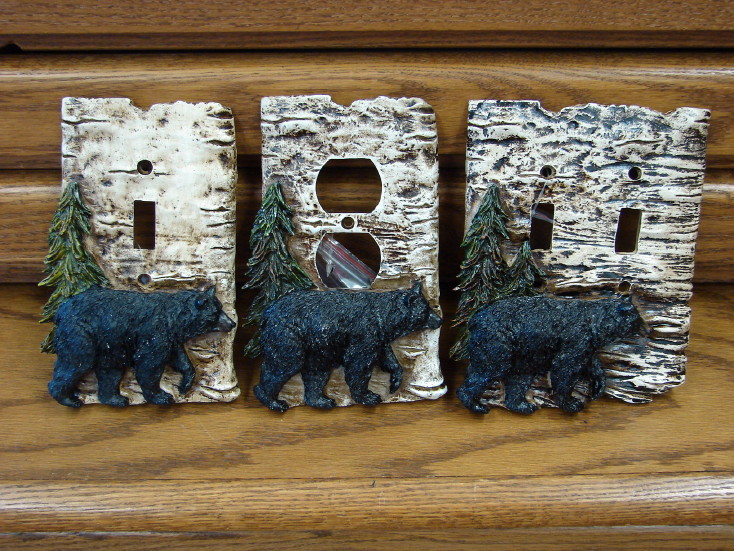Black Bear Birch Bark Tree Electric Switch Outlet Receptacle Cover Plates, Moose-R-Us.Com Log Cabin Decor