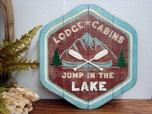 Rustic Wood Tin Carved Lodge Cabins Jump in the Lake Canoe Cabin Sign