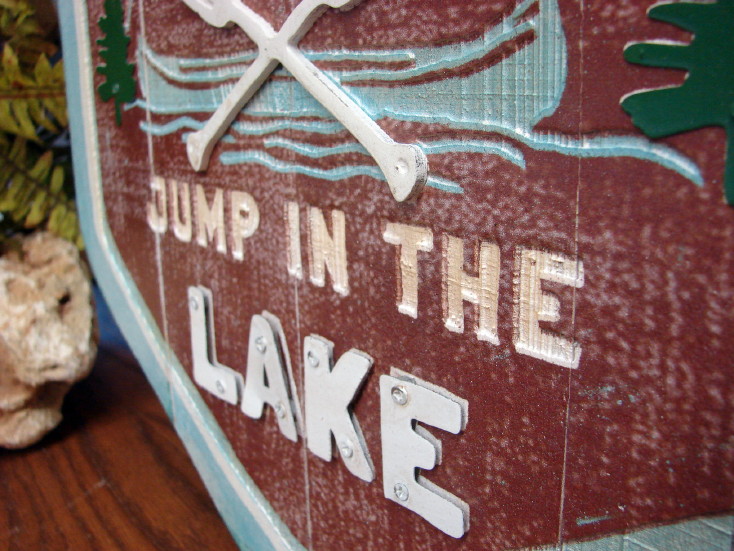 Rustic Wood Tin Carved Lodge Cabins Jump in the Lake Canoe Cabin Sign, Moose-R-Us.Com Log Cabin Decor