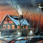 Ron Iverson Christmas Island Log Cabin Lake Sunset Snow Signed Numbered Print COA