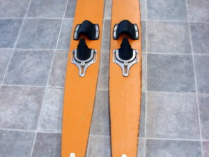 Vintage Wood Water Skis USA Seven Seas Retro Mustard Yellow