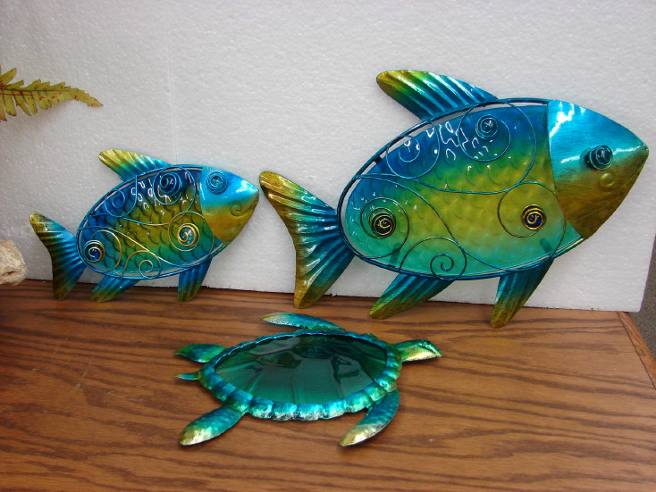 Metal Tin Glass Marbles Wall Decor Art Sea Turtle Ocean Fish, Moose-R-Us.Com Log Cabin Decor
