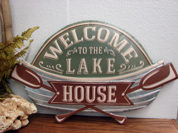 Rustic Metal Tin Embossed Welcome to the Lake House Canoe Paddle Cabin Sign, Moose-R-Us.Com Log Cabin Decor