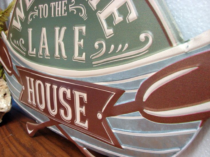Rustic Metal Tin Embossed Welcome to the Lake House Canoe Paddle Cabin Sign, Moose-R-Us.Com Log Cabin Decor