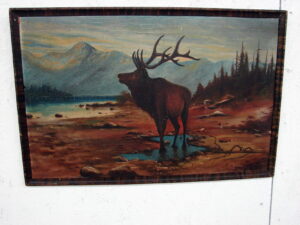 Antique Primitive Elk Mountains Painting Picture with Original Frame