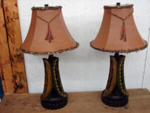 Pair Old River Triple Canoe Table Lamp with Original Shades