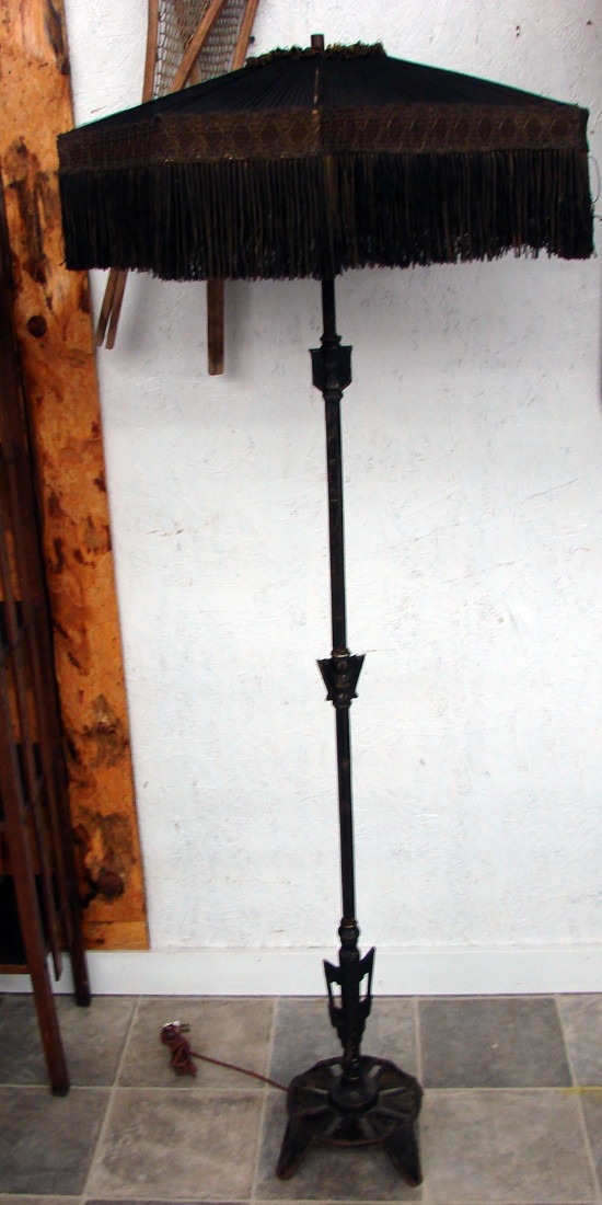 Antique 1920&#8217;s Iron Art Deco Gothic Floor Lamp Original Fringe Shade, Moose-R-Us.Com Log Cabin Decor