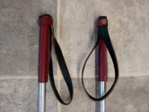 Vintage Ski Poles Dark Red Grip Aluminum Leather Basket Ski Lodge Wall Hanging Decor