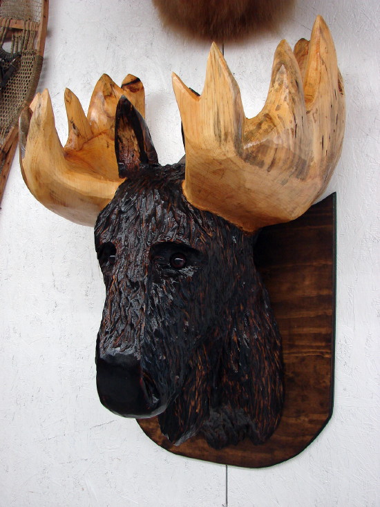 Wood Carved Trophy Chainsaw Carving Buffalo Moose Head Wall Display, Moose-R-Us.Com Log Cabin Decor
