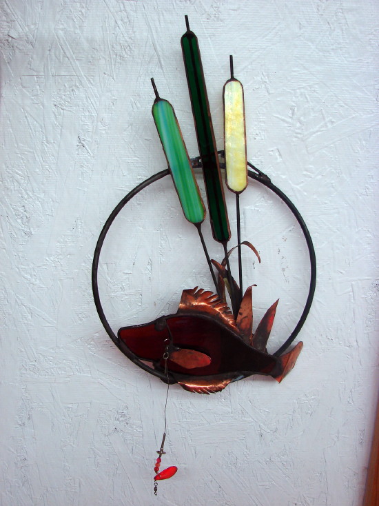 Stained Glass Copper Underwater Fish Hanger Cattails Fishing Cabin