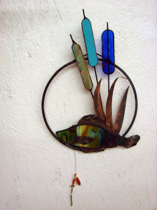 Stained Glass Copper Underwater Fish Hanger Cattails Fishing Cabin Decor, Moose-R-Us.Com Log Cabin Decor