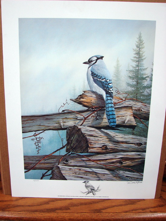 Don Moore Weathered Perch Blue Jay Print Remarque #2/600, Moose-R-Us.Com Log Cabin Decor