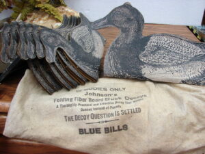 Antique Johnson's Folding Fiber Board Blue Bill Duck Decoys in Original Bags