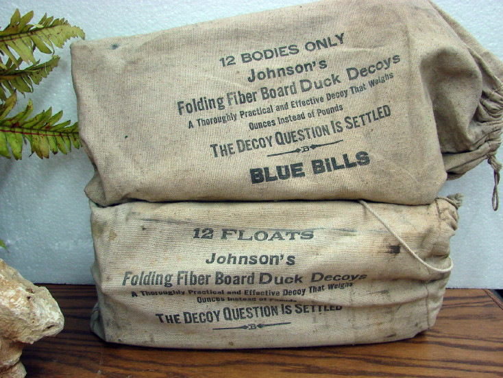 Antique Johnson&#8217;s Folding Fiber Board Blue Bill Duck Decoys in Original Bags, Moose-R-Us.Com Log Cabin Decor