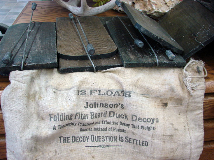 Antique Johnson&#8217;s Folding Fiber Board Blue Bill Duck Decoys in Original Bags, Moose-R-Us.Com Log Cabin Decor