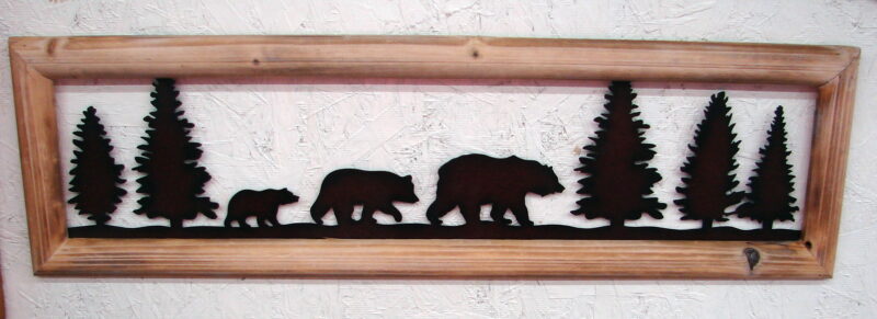 Laser Cut Metal Silhouette Bear Family Pine Forest Log Framed Wall Hanging, Moose-R-Us.Com Log Cabin Decor