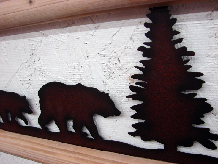 Laser Cut Metal Silhouette Bear Family Pine Forest Log Framed Wall Hanging, Moose-R-Us.Com Log Cabin Decor