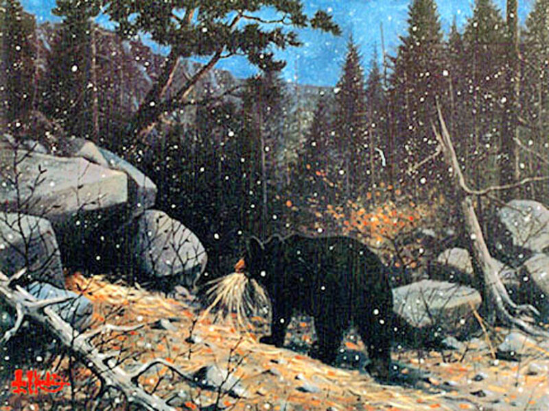 Les Kouba Framed Makin His Den Black Bear Artwork, Moose-R-Us.Com Log Cabin Decor